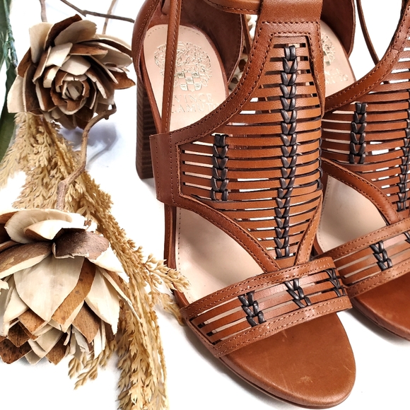 Vince Camuto Shoes - Vince Camuto Thick 3.75in Brown Strappy Heels 7.5